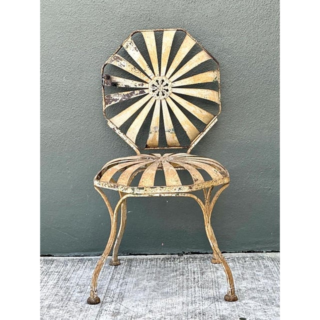 Mid-Century Modern Vintage Heavily Distressed Francois Carre Sunburst Metal Chair For Sale - Image 3 of 12
