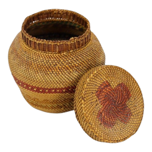 Antique Pacific Northwest Native American Makah Woven Bulbous Basket & Lid C1920