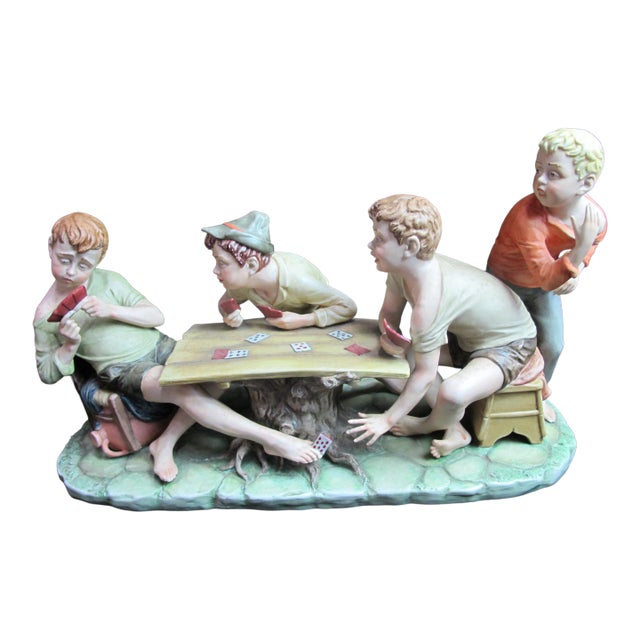 Capodimonte Large Porcelain Cheaters Boys Playing Cards Signed Pucci Figurine For Sale