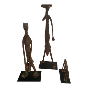 1970s Vintage Cast Iron Tribal African Art Sculptures Figurines Musicians and Dog - Set of 3