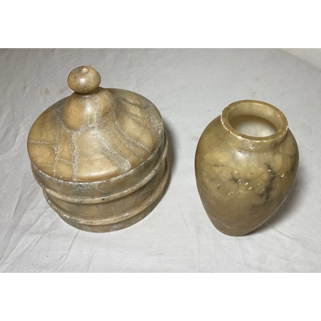 Traditional 2 Antique Handmade Carved White Alabaster Stone Table Articles Vase Lidded Jar For Sale - Image 3 of 9