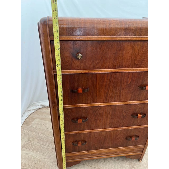 Brown 1930s Art Deco Dresser Chest Four Drawers Bakelite Brass Pulls Waterfall Top, Casters For Sale - Image 8 of 11