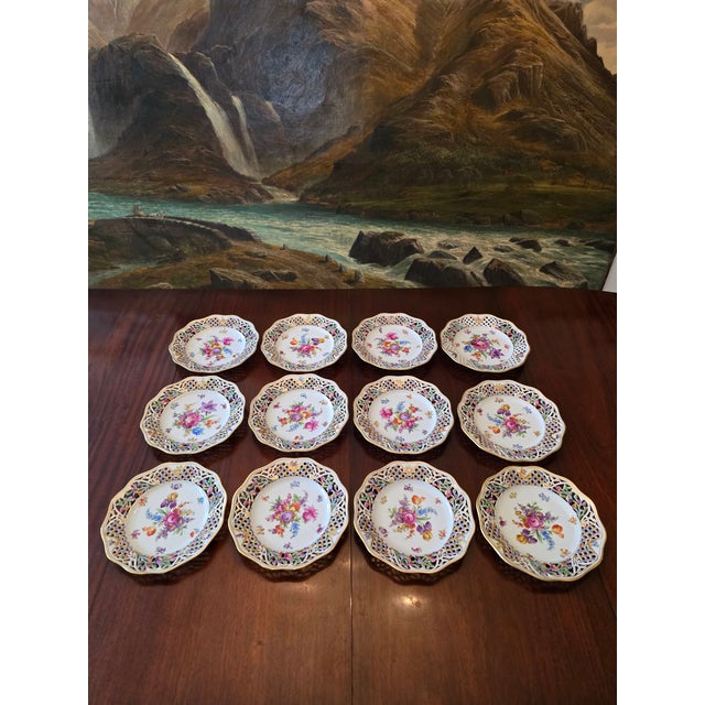 A very rare set of perfect 12 Dresden reticulated pre mid century era plates ( guaranteed original over 75 years old or...