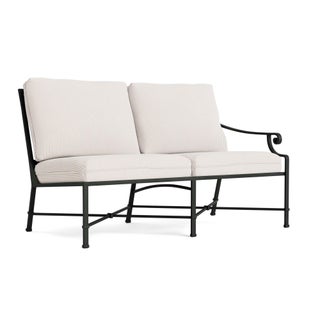 Brown Jordan Venetian Right Arm Loveseat in Black Jade with Dusty Pink Stripe Cushions For Sale