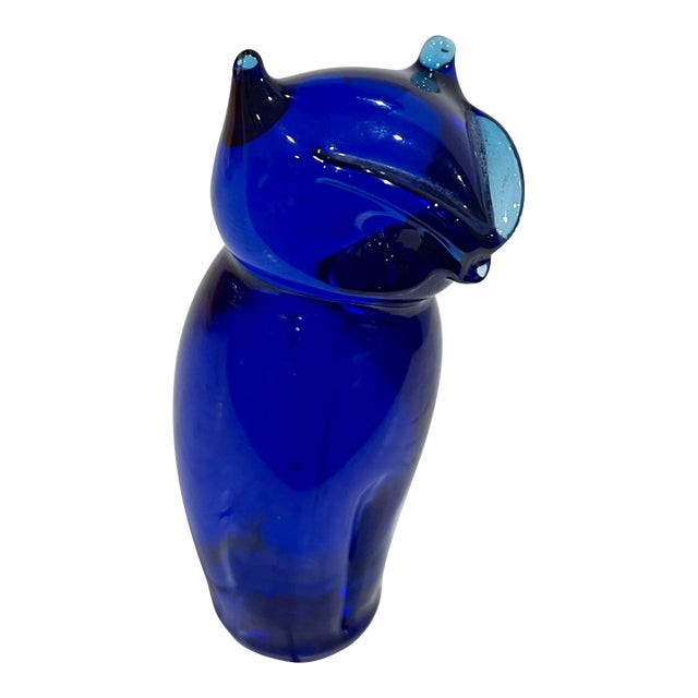 Vintage Cobalt Blue Glass Owl For Sale