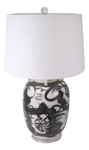 Matthew Izzo Home Jingdezhen Hand Painted Porcelain Abstract Table Lamp With White Linen Drum Shade