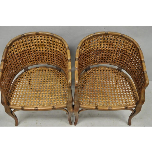 Vintage Hollywood Regency Faux Bamboo Wood & Cane Barrel Back Lounge Chair, Pair For Sale - Image 9 of 15