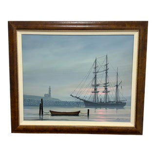 Circa 1989 George Lee "Ships at Port" Painting For Sale