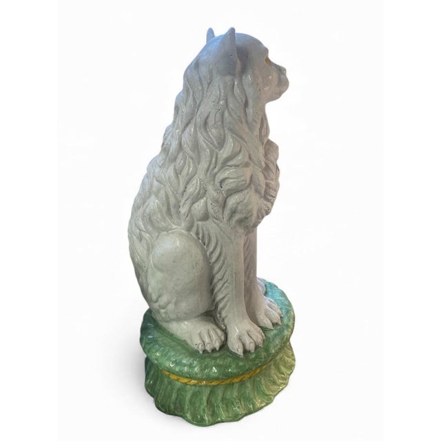 A stunning and charming vintage glazed ceramic figure, likely Italian Faience, depicting a seated Lion Dog (perhaps a...