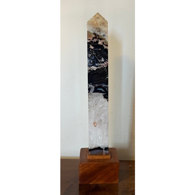 Cut and Polished Fluorspar Exotic Stone Obelisk With Custom Wood Mount For Sale - Image 4 of 11