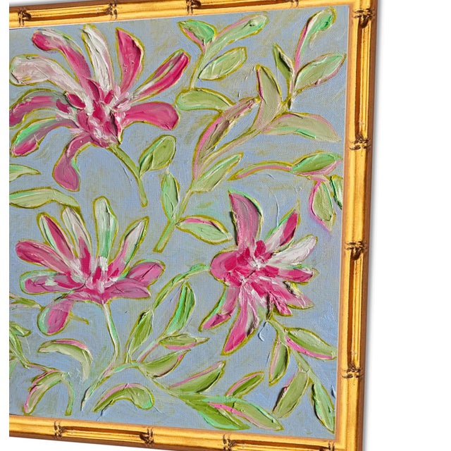 Boho Chic Original Clematis Garden Painting in Gold Bamboo Frame, Oil on Canvas Board, 14" X 18" by Tatiana Duperault For Sale - Image 3 of 5