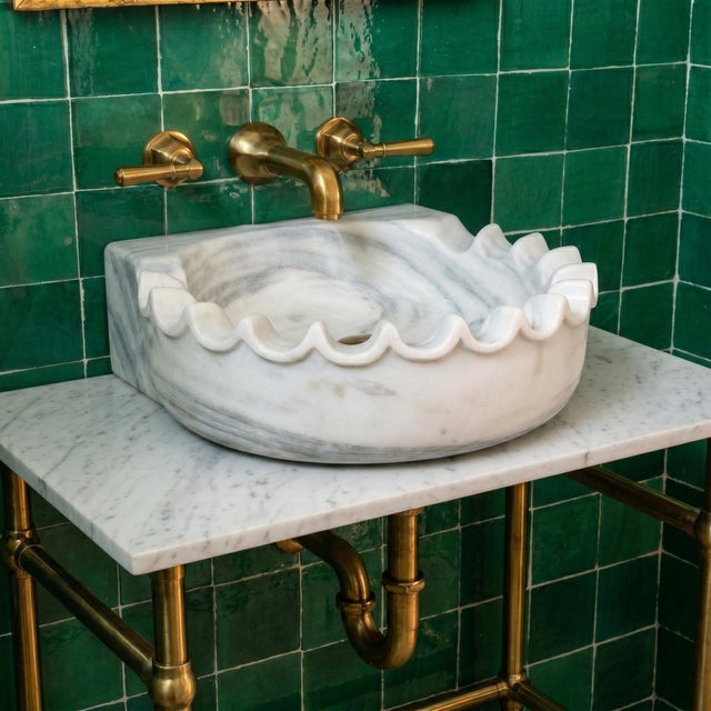 White Marble Scalloped Wall Mounted Sink, Handcrafted Luxury Stone Bathroom Vanity Basin For Sale - Image 4 of 9