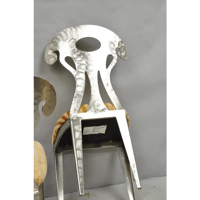 Vintage Postmodern Regency Style Brushed Steel Spade Back Dining Chairs Set of 4 For Sale - Image 16 of 18