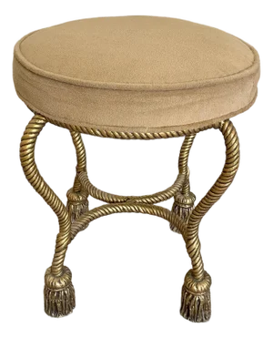 Vintage Italian Hollywood Regency Gilt Metal Rope & Tassel Vanity Stool