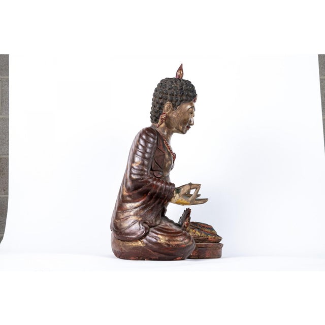 Antique Painted and Gilt Carved Seated Buddha Sculpture For Sale - Image 4 of 10