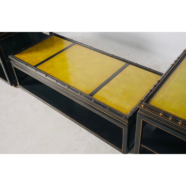 1970s 1970s Hollywood Regency Black Lacquer and Chartreuse Leather Table Set For Sale - Image 5 of 8