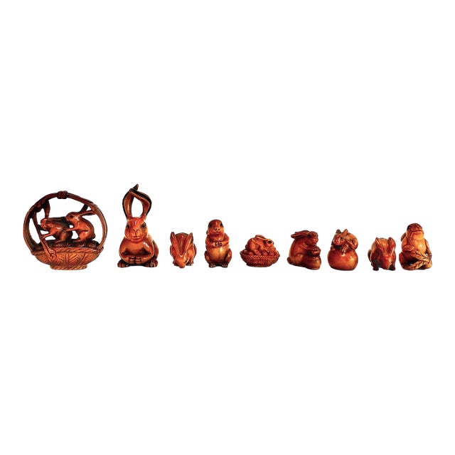 Set of Nine Japanese Netsuke Rabbits From the Showa Era For Sale