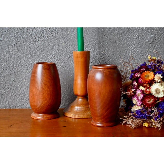 Wood French Bohemian Vases and Candlesticks, 1970s, Set of 3 For Sale - Image 7 of 7