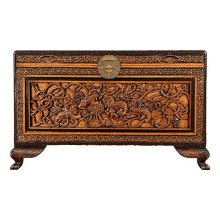 Mid Century Chinese Camphor Food Dog Handcarved Hope Chest For Sale