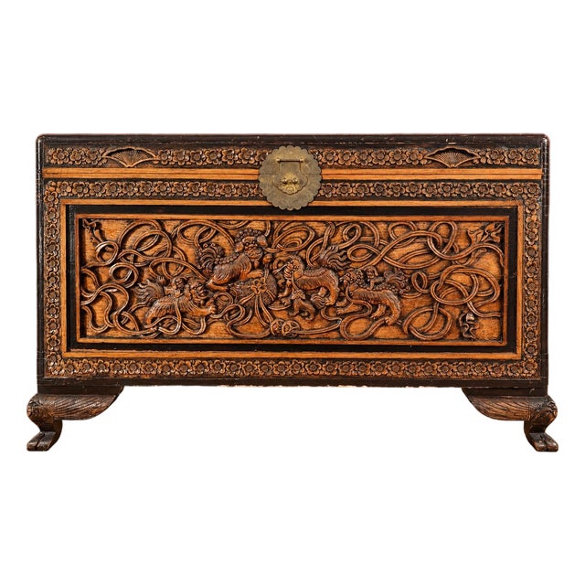 Mid Century Chinese Camphor Food Dog Handcarved Hope Chest For Sale