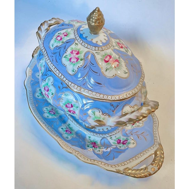 Vintage Dresden porcelain floral and lavender lidded tureen with handles and lower handled tray/platter. gilded lid...