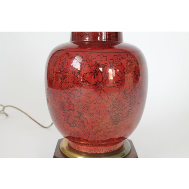 Wood Vintage Frederick Cooper Asian Style Dark Red Ceramic and Wood Table Lamp W/ Floral Motif For Sale - Image 7 of 13