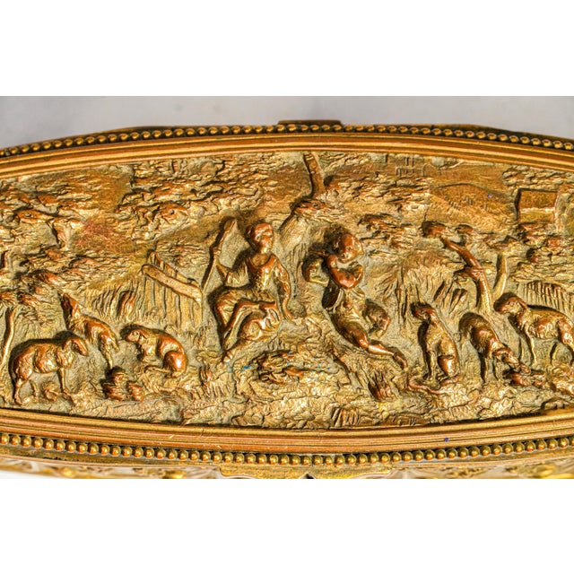 Classy Small Antique French Jewelry Casket Box Gilt Metal Pastoral Relief Trinket Box Made in France Victorian Home Decor For Sale In New York - Image 6 of 14