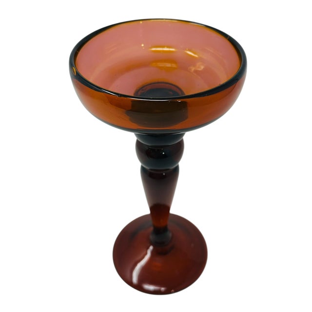 Mid-Century Modern Vintage Mid-Century Modern Amber Glass Compote Dish | Italian Empoli Style Pedestal Candle Holder | MCM Home Decor | Blown Glass Centerpiece For Sale - Image 3 of 8