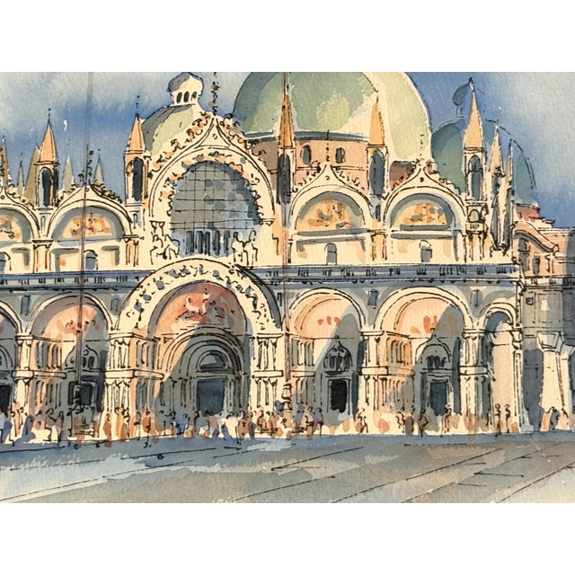 Paint Signed and Framed Original Watercolor Painting of 'The Piazza at San Marco Square' For Sale - Image 7 of 18