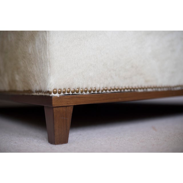 Light Yellow Custom Upholstered Hair on Hide Ottoman For Sale - Image 8 of 8