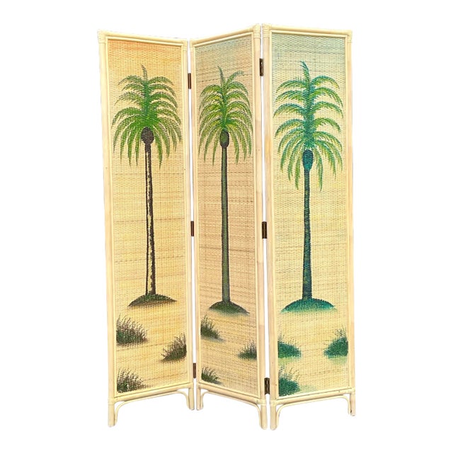 Vintage Coastal Woven Rattan Palm Tree Screen For Sale