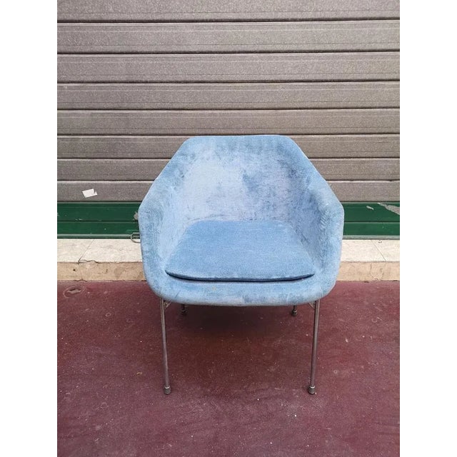 PAIR Blue armchairs Blue Vintage Chairs 70s chrome chairs 1970s Design lounge chair Blue accent chair Hallway chair Living...