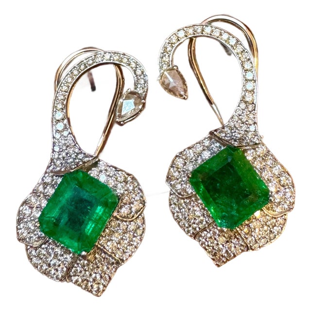 5 Ct Natural Zambian Emerald Earring & 2 Ct Diamond , Rose Cut Diamond Earring For Sale
