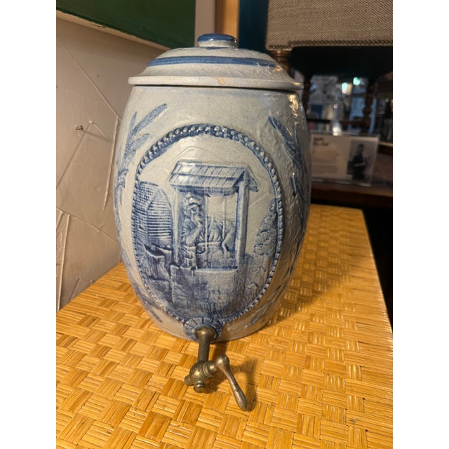 Antique Blue Salt Glazed Stoneware Water Crock With Scene For Sale - Image 4 of 11