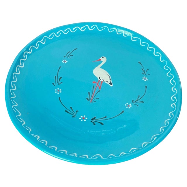Blue Ceramic Enameled Platter with Bird Pattern, France, 1970s For Sale