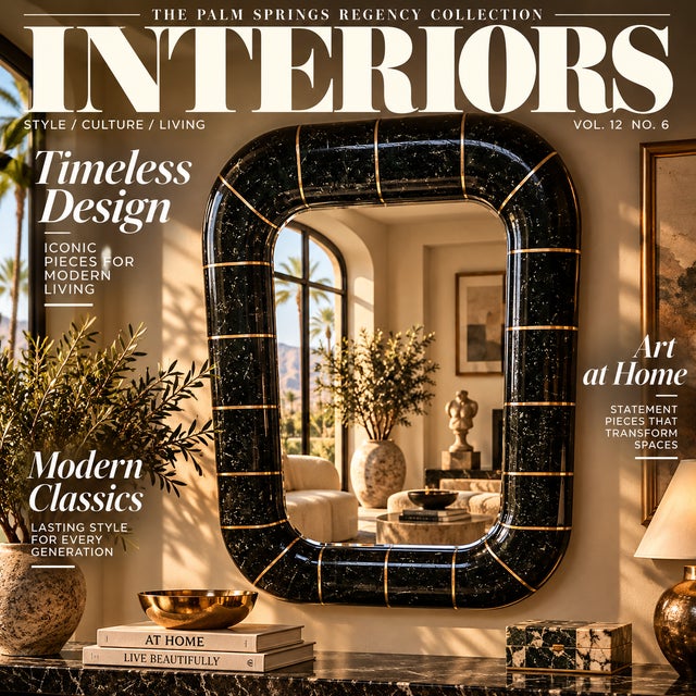 An Art Deco inspired jet black tessellated marble stonewall mirror with spokes of inlaid brass. The mirror has a 1" bevel...