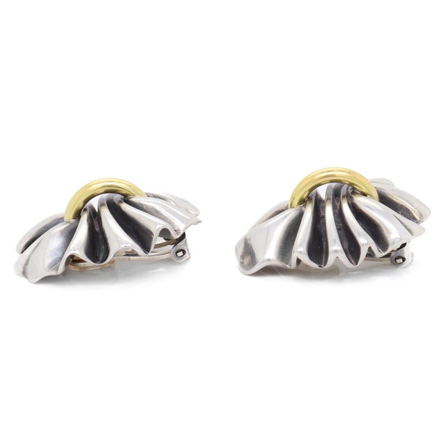 Silver Georg Jensen Lene Munthe Sterling Silver & 18k Yellow Gold #400 Clip-On Earrings For Sale - Image 8 of 12