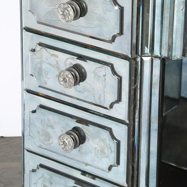 Art Deco Smoked Beveled Mirrored Vanity With Silvered Bronze Pulls For Sale - Image 11 of 16
