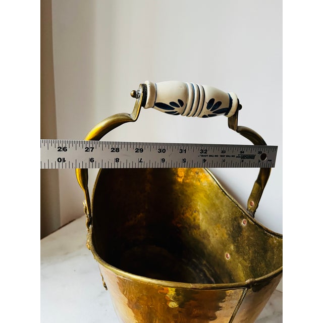 Vintage Brass Bucket With Ceramic Handle Lion Head Claw Feet For Sale - Image 11 of 16