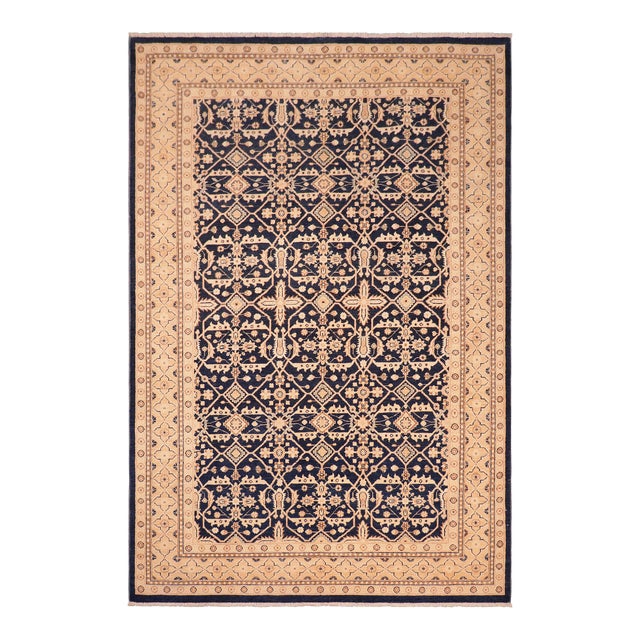 Classic Ziegler Blue Gold Hand-Knotted Wool Rug - 6'2'' X 9'2'' For Sale