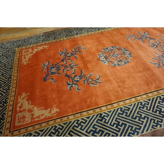 Textile 1920s Orange Pictoral Field Greek Key Antique Chinese Art Deco Wide Gallery Rug For Sale - Image 7 of 10