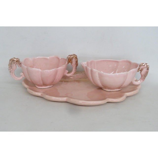 Mid 20th Century Mid 20th Century Pink Ceramic 3pc Set Tray Sugar Creamer With Gold Sea Horse Handle Design For Sale - Image 5 of 13