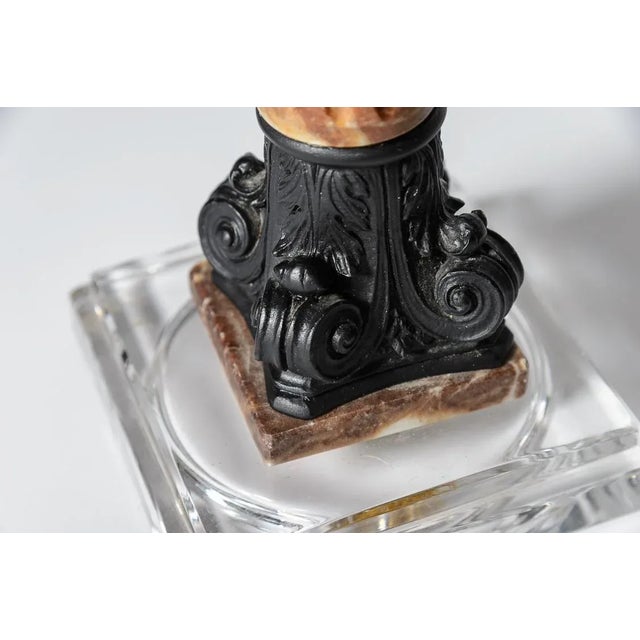 French Antique Pair of Column Marble & Glass Candlesticks/Candleholders For Sale - Image 4 of 13