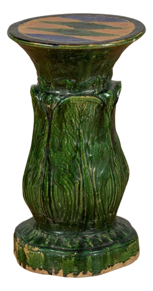 Antique Vietnamese Green Glazed Pedestal with Foliage Design and Diamond Motifs