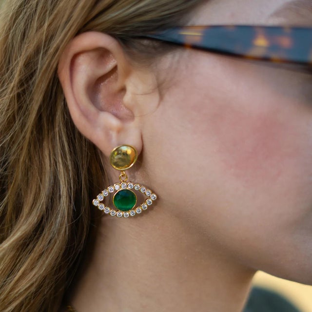 Metal Emerald Harmony Eye Earrings, A Pair For Sale - Image 7 of 8