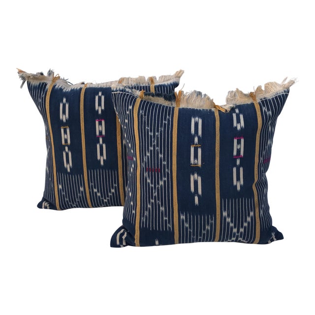 African Handwoven Indigo Striped Ikat Fringed Pillows Pair Chairish