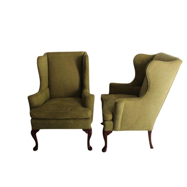 Queen Anne Vintage Queen Anne Style Chenille Wingback Chairs - Set of 2 For Sale - Image 3 of 14