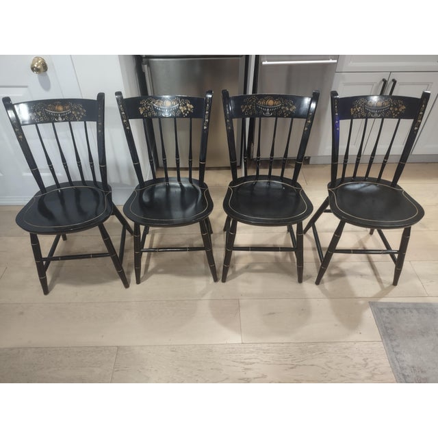 Vintage Nichols & Stone Ebonized Windsor Chairs (4pcs), Hand-Stenciled, Solid Wood For Sale - Image 12 of 15