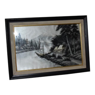 "Japanese Palace" Silk Embroidery Framed Textile Art For Sale