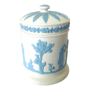 Wedgwood of Etruria & Barlaston Embossed Queensware Blue White Covered Jar Canister Made in England